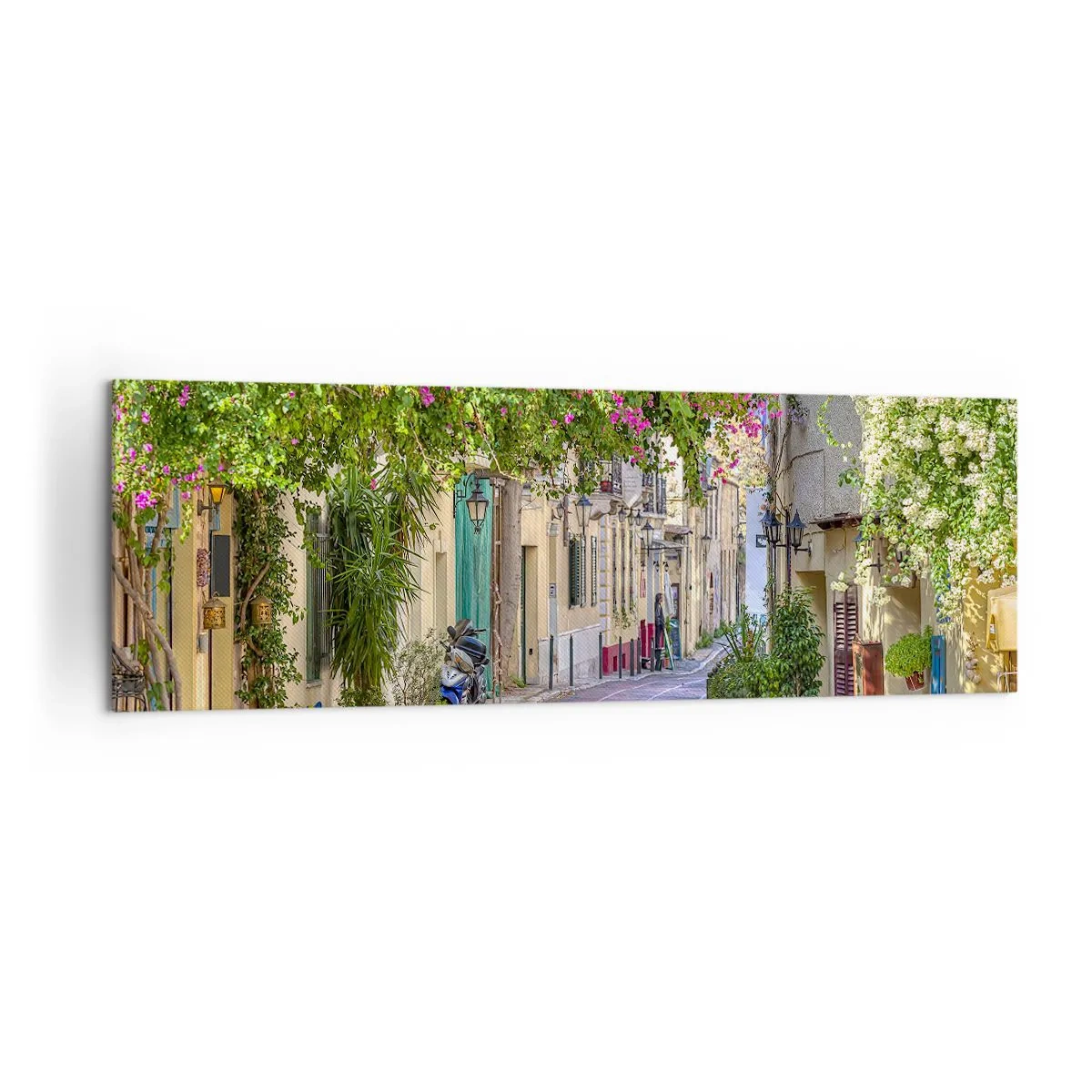 Impression sur toile - Image sur toile - Une charmante rue avec des vignes fleuries et des tables de café - 160x50cm - Allée fleurie - Décoration murale moderne pour le salon et la chambre ARTTOR