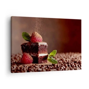 Impression sur toile - Image sur toile - Gâteau au chocolat aux framboises et à la menthe sur fond de fèves de cacao - 70x50cm - La vie est douce - Décoration murale moderne pour le salon et la chambre ARTTOR