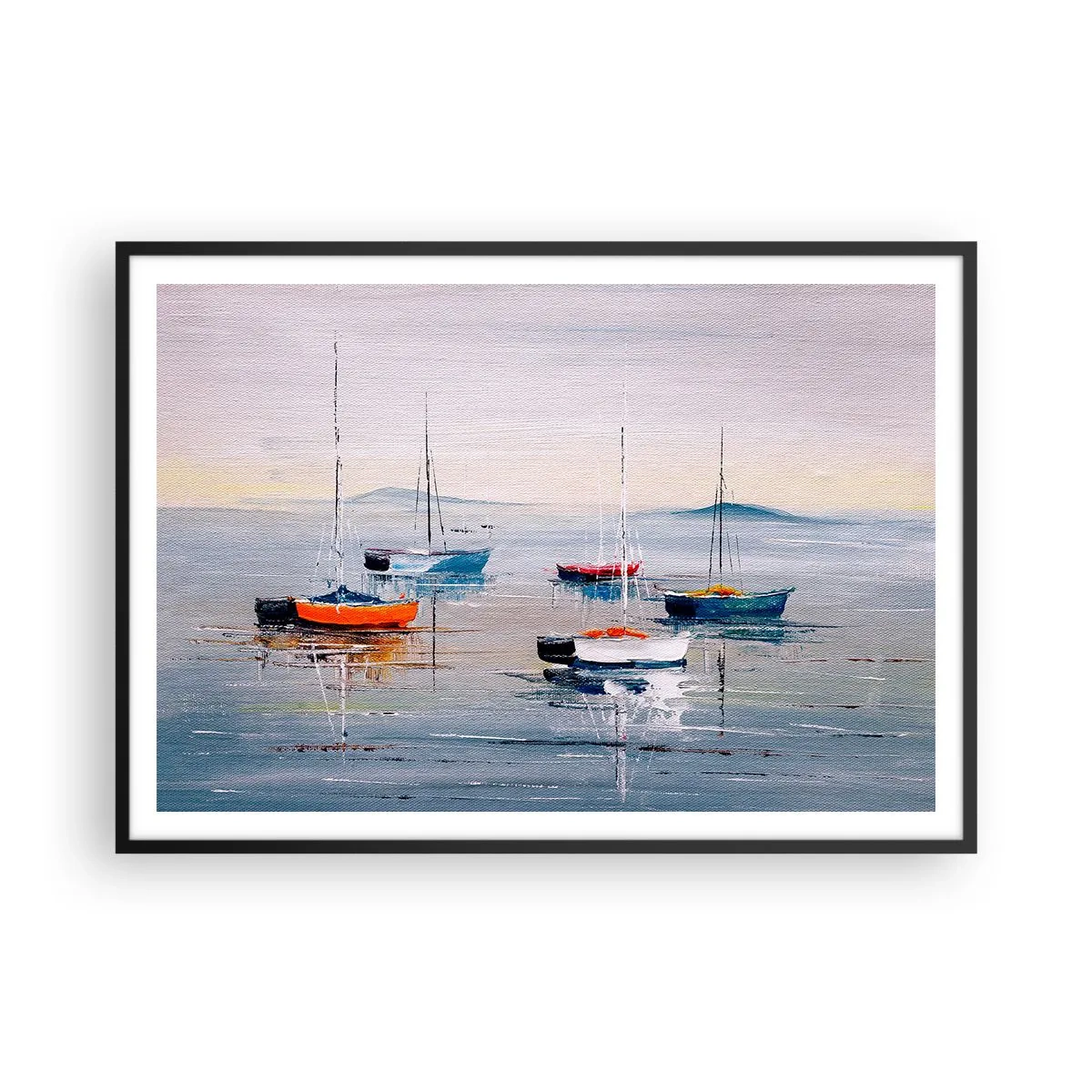 Affiche dans un cadre noir - Poster - Bateaux colorés sur une eau calme - 100x70cm - Un repos bien mérité - Décoration murale moderne pour le salon et la chambre ARTTOR