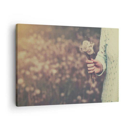 Impression sur toile - Image sur toile - Une main tenant des pissenlits sur un fond flou d'un champ plein de fleurs. - 70x50cm - Merci de les garder - Décoration murale moderne pour le salon et la chambre ARTTOR