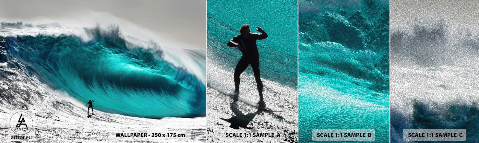 Échantillon de Papier Peint Premium Sand - Challenge accepté - Surfant, Haute vague, Surfeur - 100x30 cm