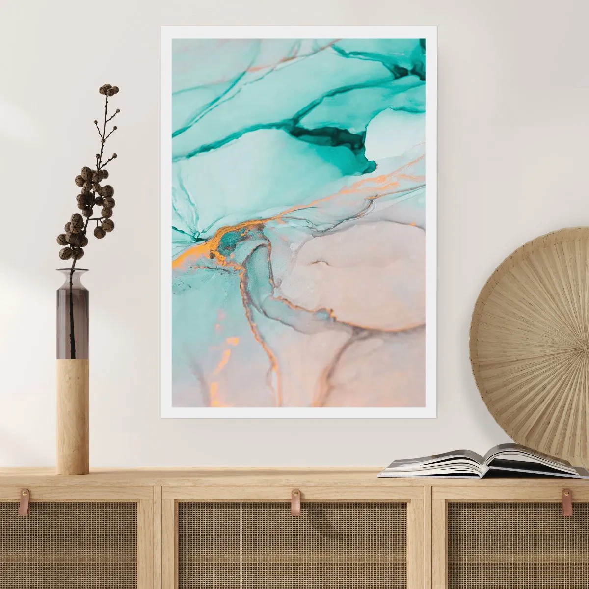 Affiche - Poster - Une composition abstraite dans des tons turquoise et or. - 50x70cm - Danse des formes et des couleurs - Décoration murale moderne pour le salon et la chambre ARTTOR