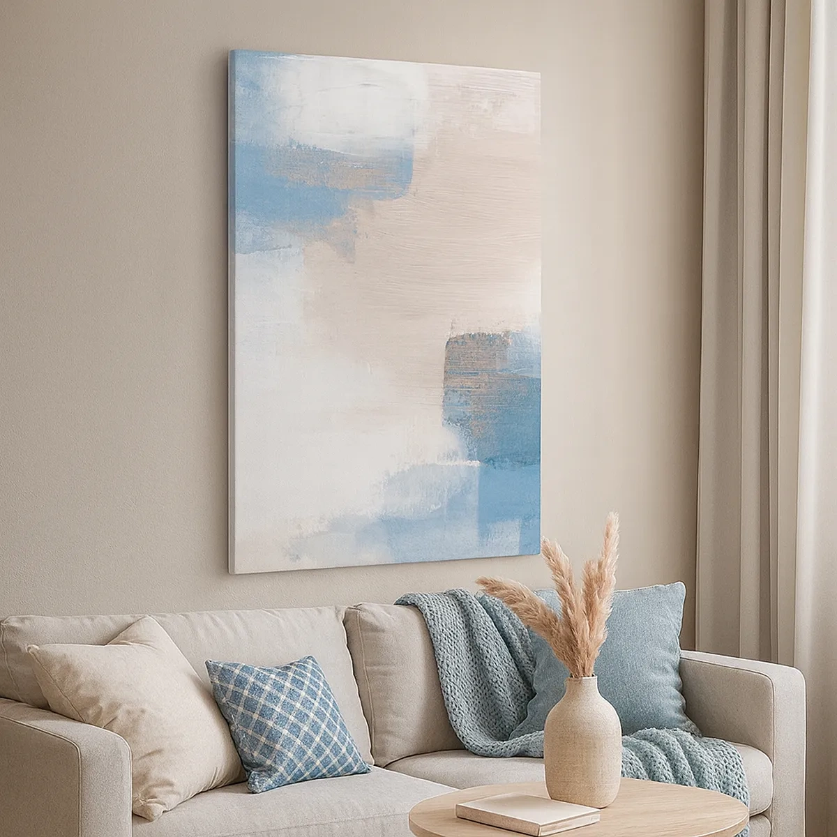 Impression sur toile - Image sur toile - Formes abstraites dans les tons de bleu et de beige - 50x70cm - Abstraction rose derrière un rideau de bleu - Décoration murale moderne pour le salon et la chambre ARTTOR