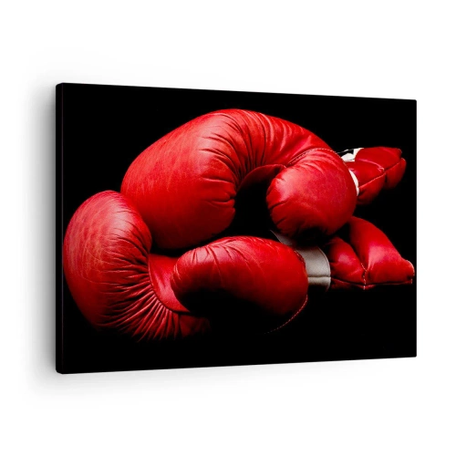 Impression sur toile - Image sur toile - Gants de boxe rouges sur fond noir - 70x50cm - Les émotions du combat sont derrière nous - Décoration murale moderne pour le salon et la chambre ARTTOR