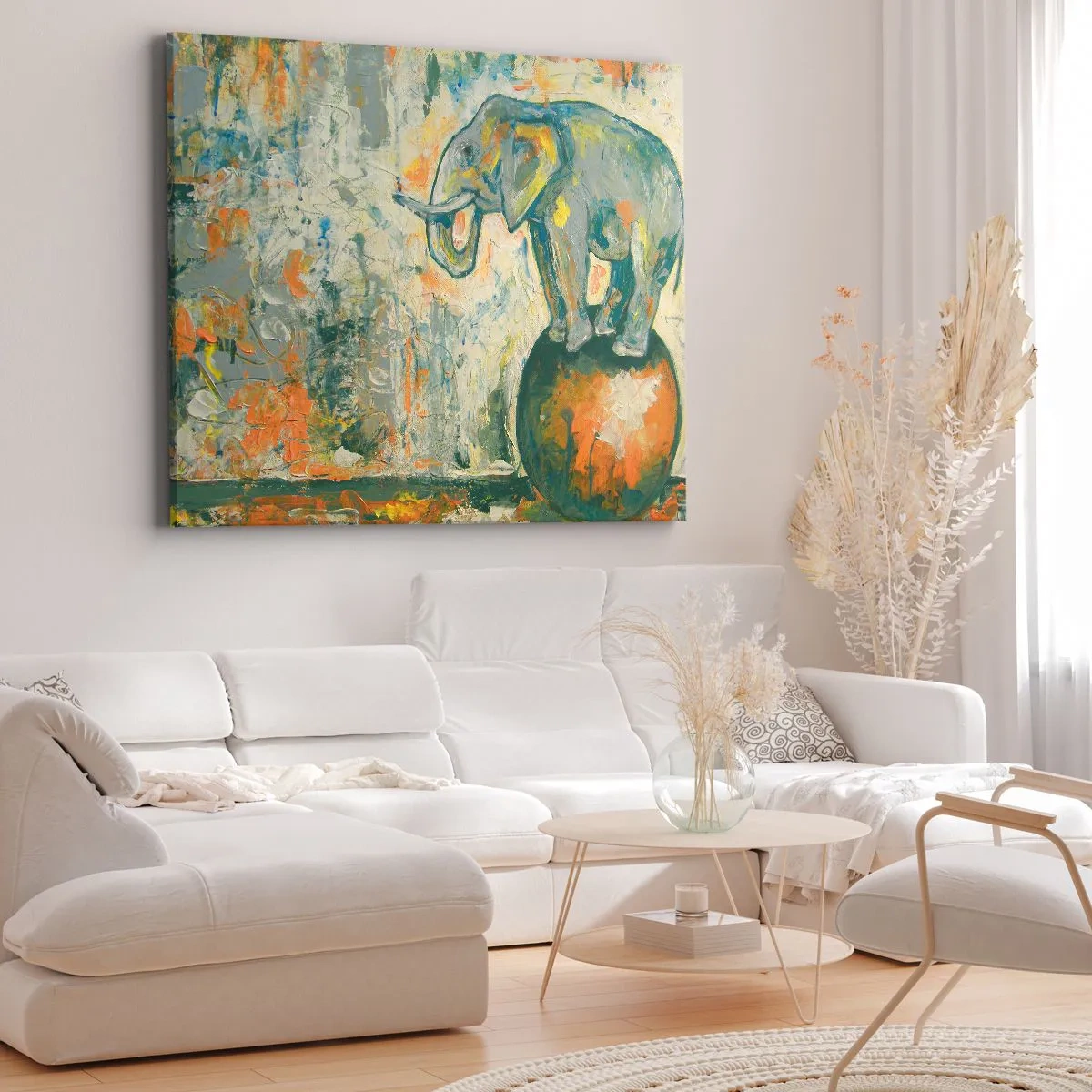 Impression sur toile - Image sur toile - Un éléphant en équilibre sur une balle dans un style artistique - 70x50cm - Que vive le cirque ! - Décoration murale moderne pour le salon et la chambre ARTTOR