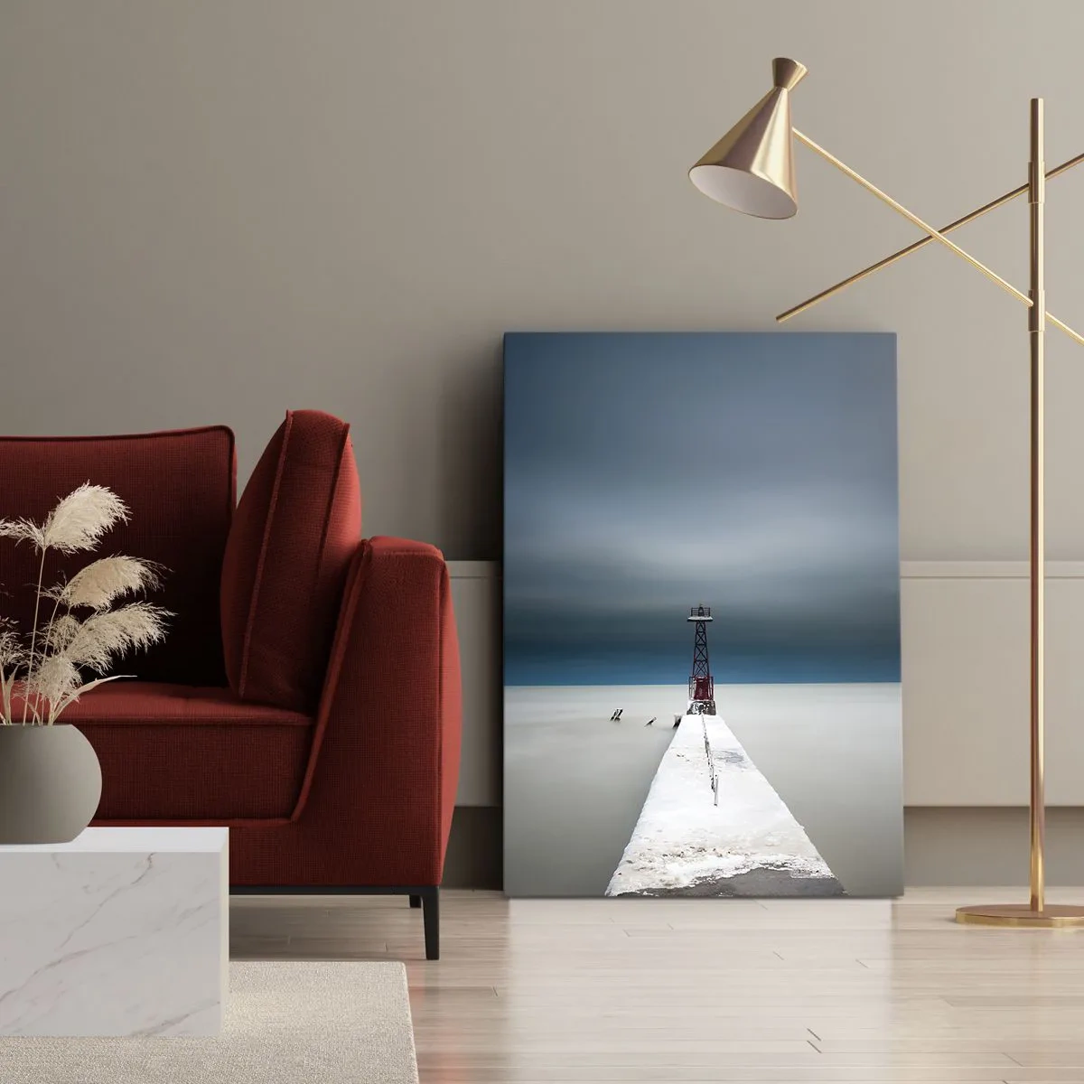 Impression sur toile - Image sur toile - Un phare au bout d'une jetée en béton dans un paysage austère - 70x100cm - À la rencontre de l'immensité - Décoration murale moderne pour le salon et la chambre ARTTOR