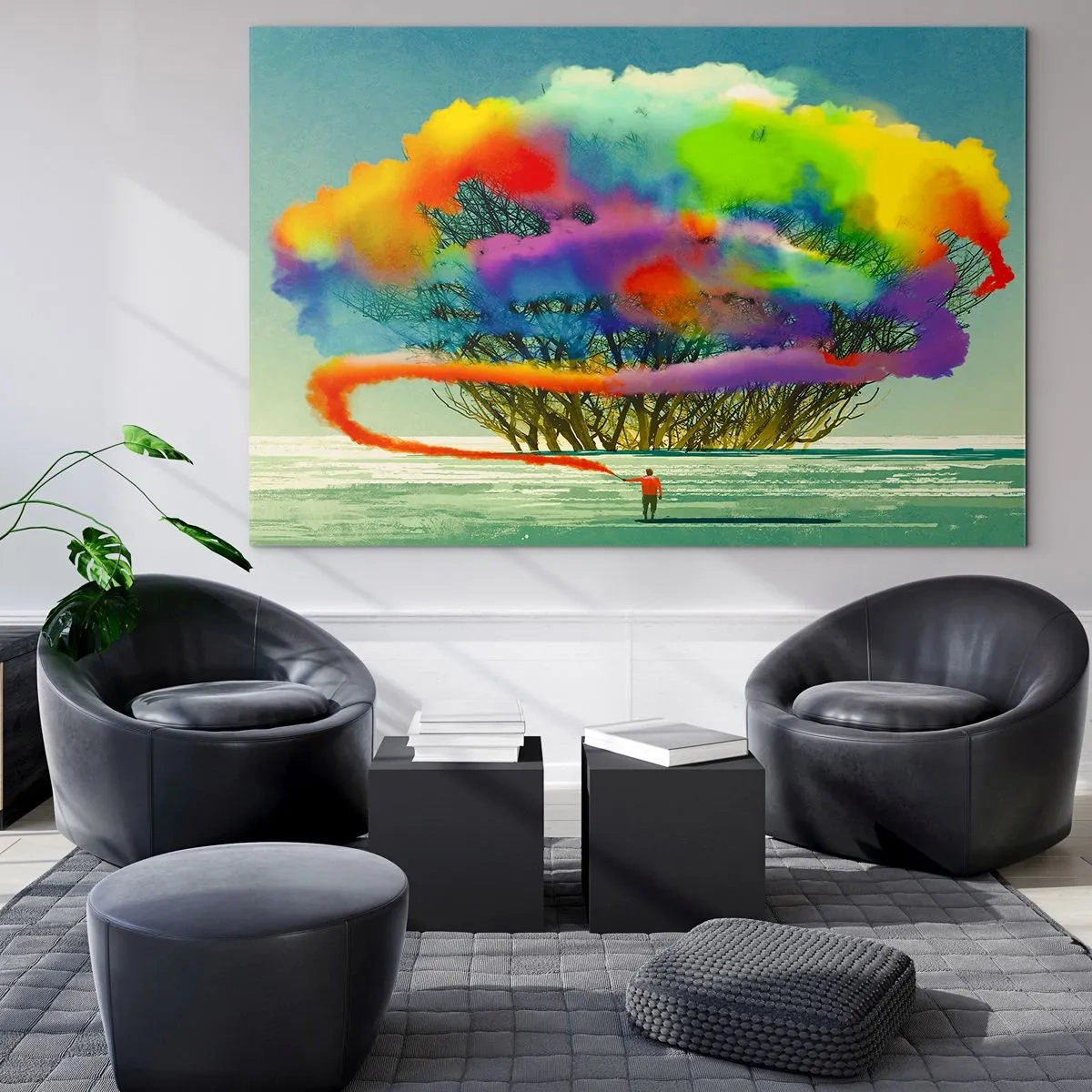 Impression sur verre - Image sur verre - Une explosion de fumée colorée sur fond d'arbre solitaire. - 120x80cm - Donner vie à ce monde - Décoration murale moderne pour le salon et la chambre ARTTOR