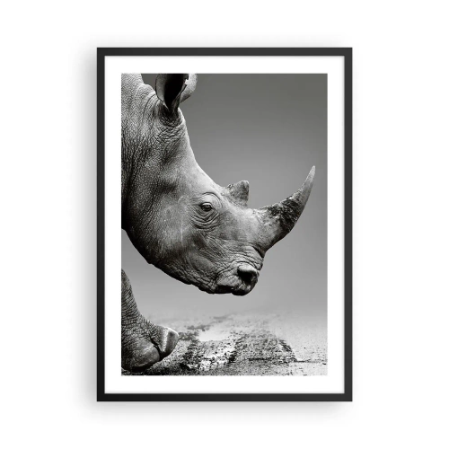 Affiche dans un cadre noir - Poster - Gros plan noir et blanc de la tête d'un rhinocéros - 50x70cm - Force inarrêtable - Décoration murale moderne pour le salon et la chambre ARTTOR