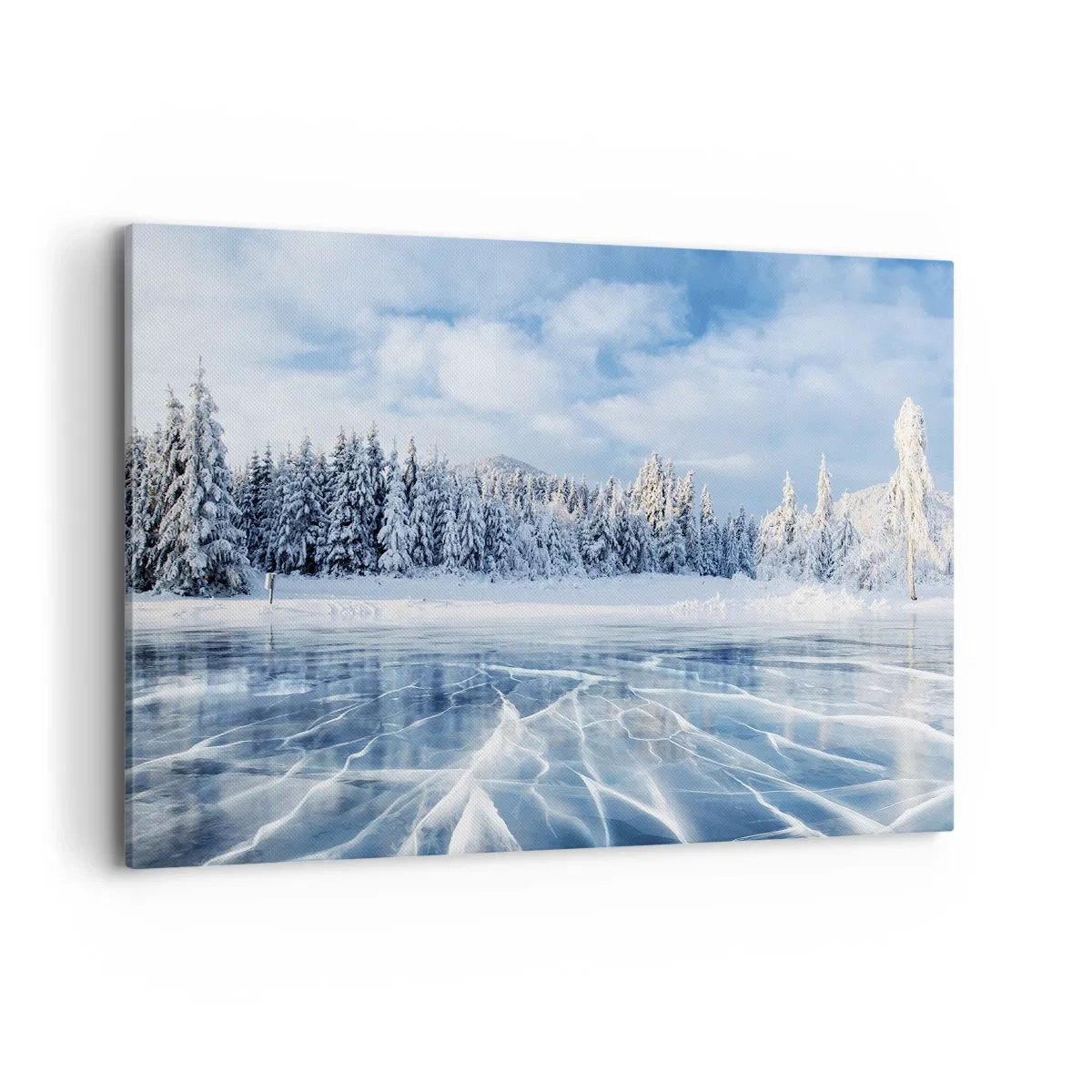 Impression sur toile - Image sur toile - Un lac gelé entouré d'une forêt enneigée - 100x70cm - Vue éblouissante et cristalline - Décoration murale moderne pour le salon et la chambre ARTTOR