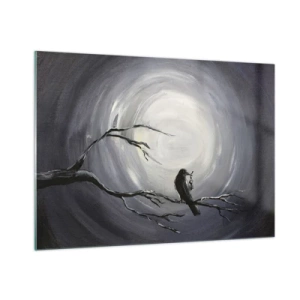 Impression sur verre - Image sur verre - Un corbeau assis sur une branche sur fond de pleine lune - 100x70cm - La clé du mystère de la nuit - Décoration murale moderne pour le salon et la chambre ARTTOR
