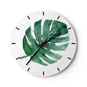 Horloge murale - Pendule murale - Illustration à l'aquarelle d'une feuille de monstera - 30x30cm - Concept vert - Décoration murale moderne pour le salon, la cuisine et la chambre ARTTOR