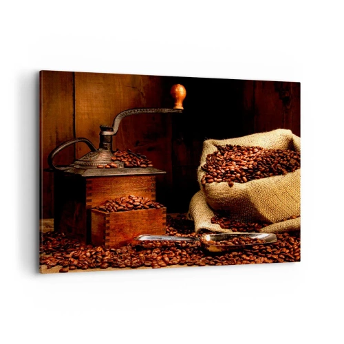 Impression sur toile - Image sur toile - Un vieux moulin à café avec des grains et un sac dans un style rustique. - 100x70cm - Nature morte avec grains de café et moulin - Décoration murale moderne pour le salon et la chambre ARTTOR