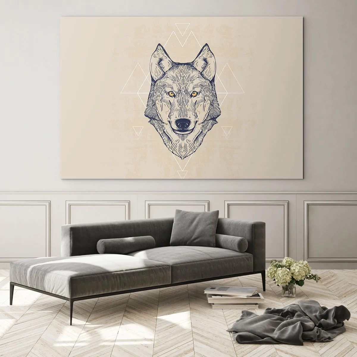 Impression sur verre - Image sur verre - Tête de loup sur fond de motifs géométriques - 70x50cm - Un alpha au regard pénétrant - Décoration murale moderne pour le salon et la chambre ARTTOR