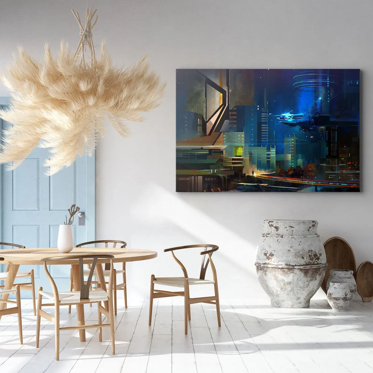 Impression sur toile - Image sur toile - Ville futuriste la nuit avec des néons et un véhicule volant - 70x50cm - Dans le futur proche - Décoration murale moderne pour le salon et la chambre ARTTOR