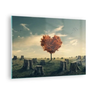 Impression sur verre - Image sur verre - Un arbre en forme de cœur entouré de troncs coupés dans une clairière - 70x50cm - Il y a toujours de l'espoir - Décoration murale moderne pour le salon et la chambre ARTTOR