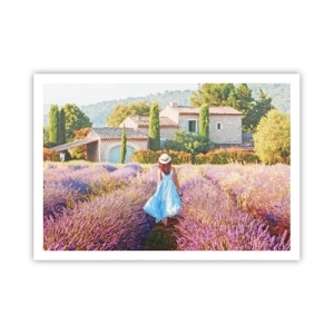 Affiche - Poster - Une femme en robe bleue marchant dans un champ de lavande avec vue sur une maison. - 100x70cm - Fille de la lavande - Décoration murale moderne pour le salon et la chambre ARTTOR