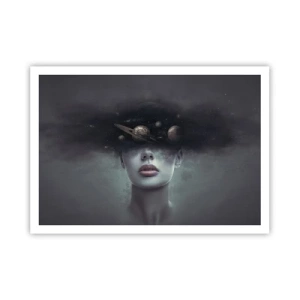 Affiche - Poster - Un visage de femme avec un motif de planète et d'espace en arrière-plan - 100x70cm - Et les planètes deviennent folles... - Décoration murale moderne pour le salon et la chambre ARTTOR