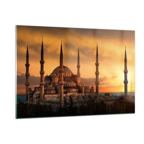 Impression sur verre - Image sur verre - La Mosquée Bleue sur fond de coucher de soleil - 120x80cm - Dieu est grand - Décoration murale moderne pour le salon et la chambre ARTTOR