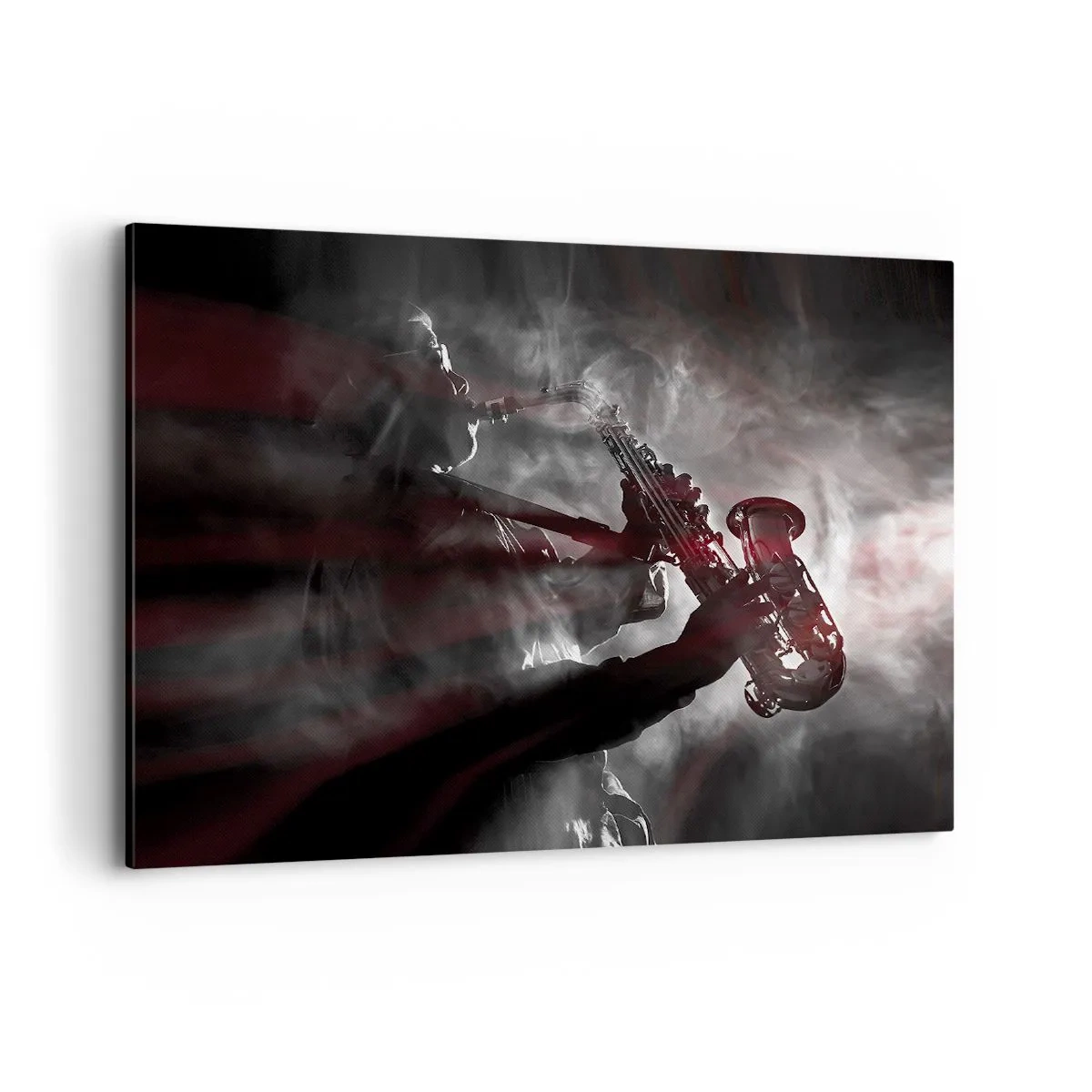 Impression sur toile - Image sur toile - Saxophoniste en fumée sur scène en noir et rouge atmosphérique - 100x70cm - Dans les brumes du jazz - Décoration murale moderne pour le salon et la chambre ARTTOR