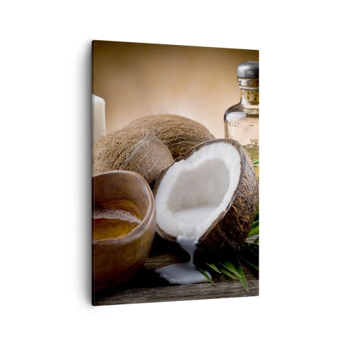 Impression sur toile - Image sur toile - Noix de coco, bougie et huile sur fond de bois - 50x70cm - Santé des îles tropicales - Décoration murale moderne pour le salon et la chambre ARTTOR