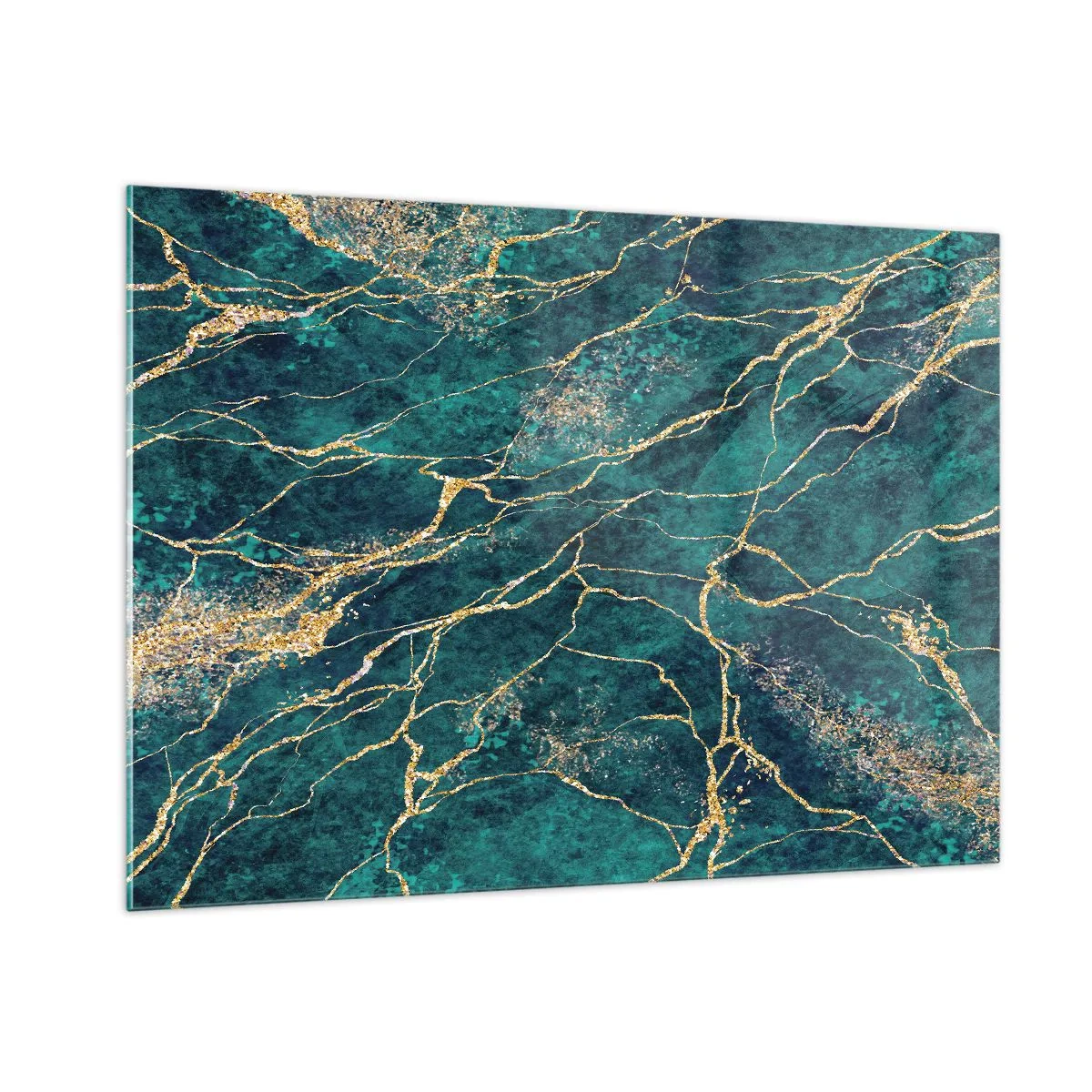 Impression sur verre - Image sur verre - Pierre marbrée aux veines dorées, nuances bleu sarcelle et vert - 100x70cm - Mine d'or - Décoration murale moderne pour le salon et la chambre ARTTOR