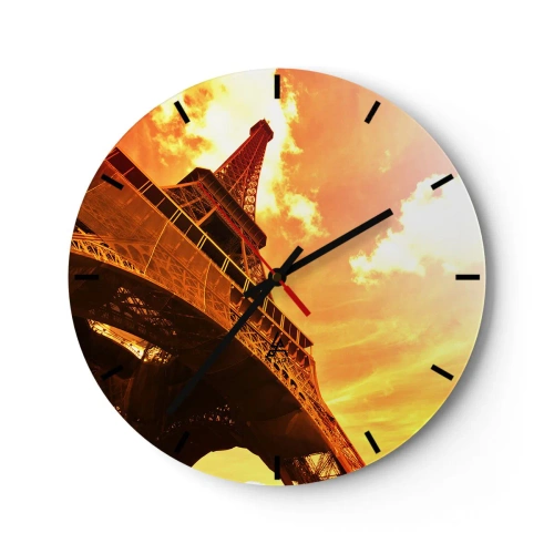 Horloge murale - Pendule murale - Vue de la Tour Eiffel au coucher du soleil aux couleurs dorées - 30x30cm - Monumental, car il est doré par le soleil - Décoration murale moderne pour le salon, la cuisine et la chambre ARTTOR