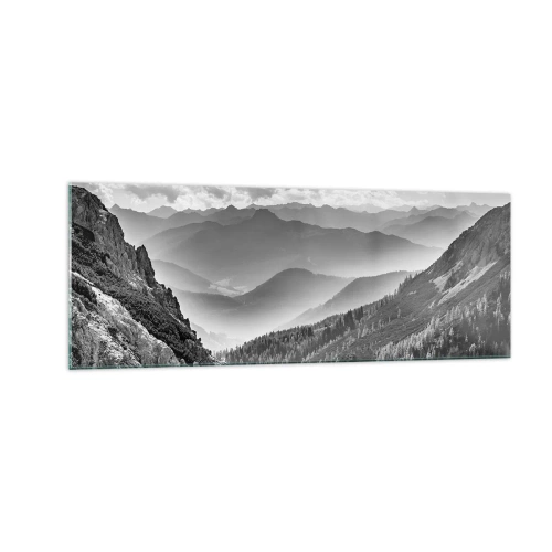 Impression sur verre - Image sur verre - Paysage de montagne en noir et blanc avec des nuages au-dessus des sommets - 140x50cm - Jusqu'à l'horizon - Décoration murale moderne pour le salon et la chambre ARTTOR
