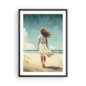 Affiche dans un cadre noir - Poster - Une femme en robe blanche marchant sur la plage au bord de la mer - 50x70cm - Pour rencontrer le soleil et le vent - Décoration murale moderne pour le salon et la chambre ARTTOR