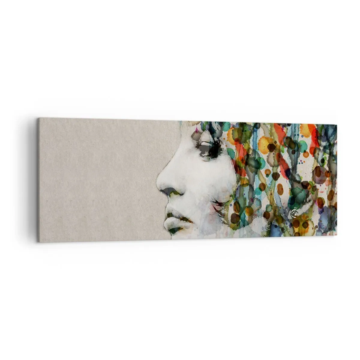 Impression sur toile - Image sur toile - Profil d'une femme aux couleurs aquarelles avec un fond abstrait - 140x50cm - Elle est sortie de la grisaille - Décoration murale moderne pour le salon et la chambre ARTTOR