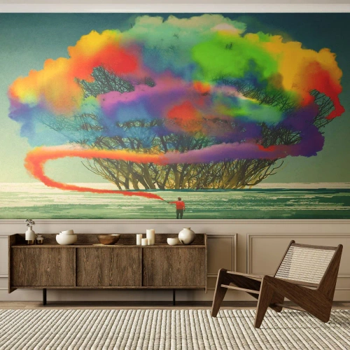 Papier Peint Photo Premium Sand - Un arbre entouré de fumée colorée et une silhouette avec une fusée éclairante - 100x70cm - Donner vie à ce monde - Décoration murale moderne pour le salon et la chambre ARTTOR