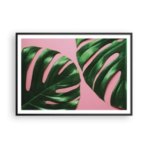 Affiche dans un cadre noir - Poster - Feuilles de monstera vertes sur fond rose - 100x70cm - Rendez-vous vert - Décoration murale moderne pour le salon et la chambre ARTTOR