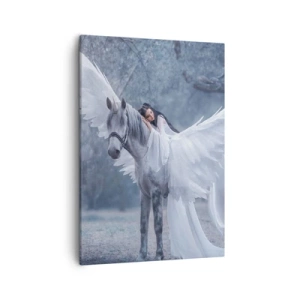 Impression sur toile - Image sur toile - Une femme sur un cheval blanc avec des ailes dans une forêt magique - 50x70cm - Un moment inspiré - Décoration murale moderne pour le salon et la chambre ARTTOR