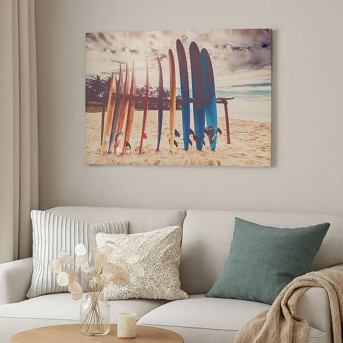 Impression sur toile - Image sur toile - Planches de surf sur la plage au coucher du soleil - 70x50cm - Bonne nuit, à demain - Décoration murale moderne pour le salon et la chambre ARTTOR