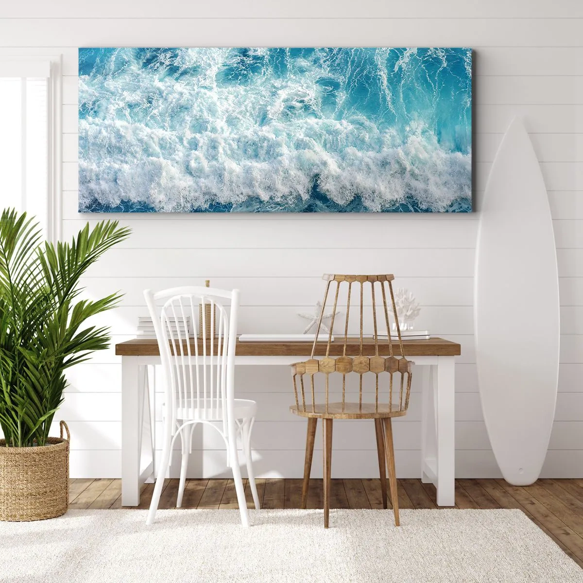 Impression sur toile - Image sur toile - Vagues océaniques dynamiques dans des tons de bleu - 160x50cm - Joyeusement et en sautant - Décoration murale moderne pour le salon et la chambre ARTTOR