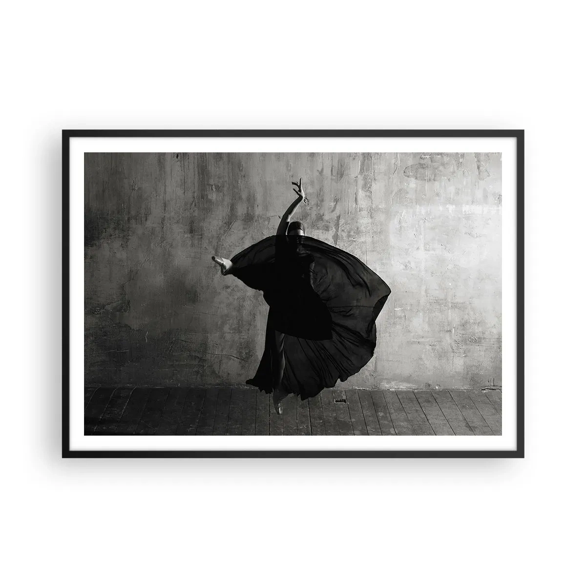 Affiche dans un cadre noir - Poster - Silhouette noire et blanche d'une danseuse en mouvement sur fond de mur - 100x70cm - Pas plein de passion - Décoration murale moderne pour le salon et la chambre ARTTOR