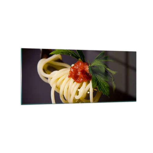 Impression sur verre - Image sur verre - Spaghettis à la fourchette avec sauce tomate et persil - 120x50cm - Une bouchée savoureuse - Décoration murale moderne pour le salon et la chambre ARTTOR