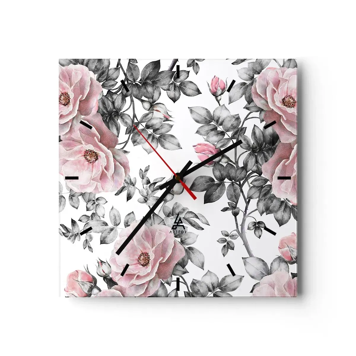 Horloge murale - Pendule murale - Roses roses et feuilles sur un délicat fond noir et blanc - 30x30cm - Se perdre dans les fleurs des roses - Décoration murale moderne pour le salon et la chambre ARTTOR