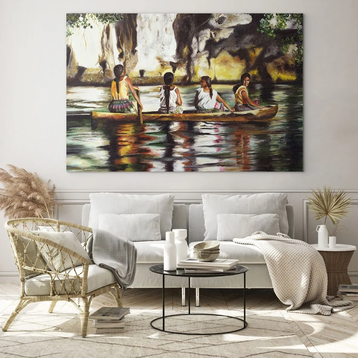 Impression sur verre - Image sur verre - Femmes dans un bateau sur fond de rochers et d'eau pittoresques - 70x50cm - Dans un paradis polynésien - Décoration murale moderne pour le salon et la chambre ARTTOR