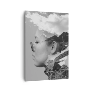 Impression sur toile - Image sur toile - Une composition en noir et blanc avec une silhouette de femme et un paysage de montagne. - 70x100cm - Portrait de montagnes et nuages - Décoration murale moderne pour le salon et la chambre ARTTOR
