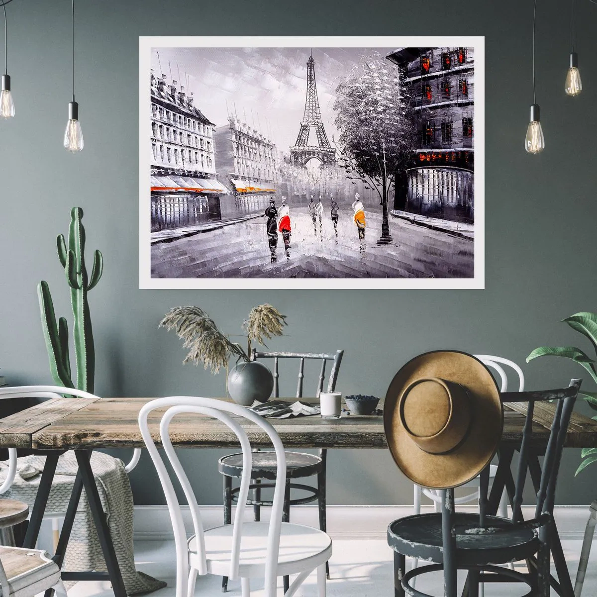 Affiche - Poster - Une vue de la Tour Eiffel dans un décor monochrome avec des touches de couleur - 100x70cm - Balade parisienne - Décoration murale moderne pour le salon et la chambre ARTTOR