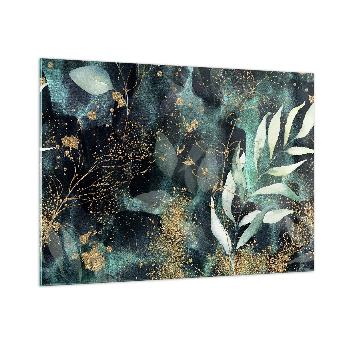 Impression sur verre - Image sur verre - Feuilles dorées et vertes sur fond sombre - 100x70cm - Jardin magique - Décoration murale moderne pour le salon et la chambre ARTTOR
