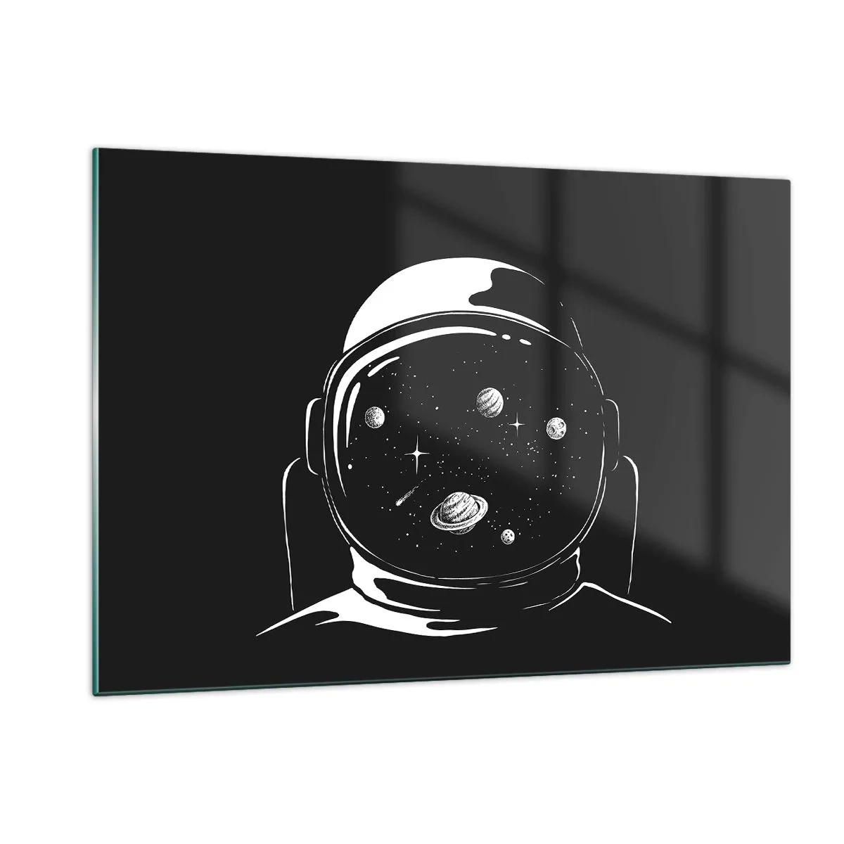 Impression sur verre - Image sur verre - Astronaute avec des étoiles et des planètes dans son casque sur fond noir - 120x80cm - Sympa la vue - Décoration murale moderne pour le salon et la chambre ARTTOR