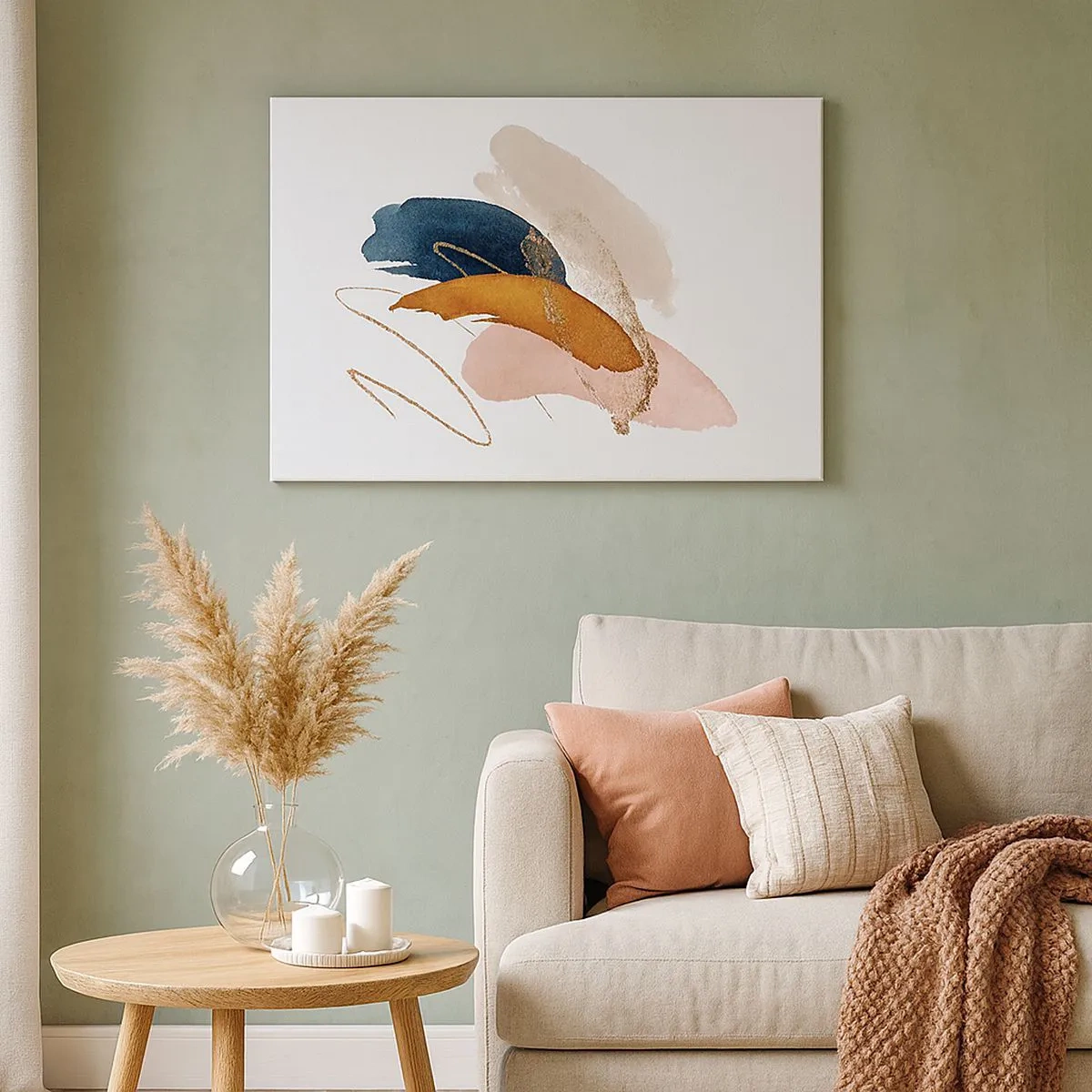 Impression sur toile - Image sur toile - Traits abstraits aux couleurs pastel avec des accents dorés - 70x50cm - Composition ailée - Décoration murale moderne pour le salon et la chambre ARTTOR