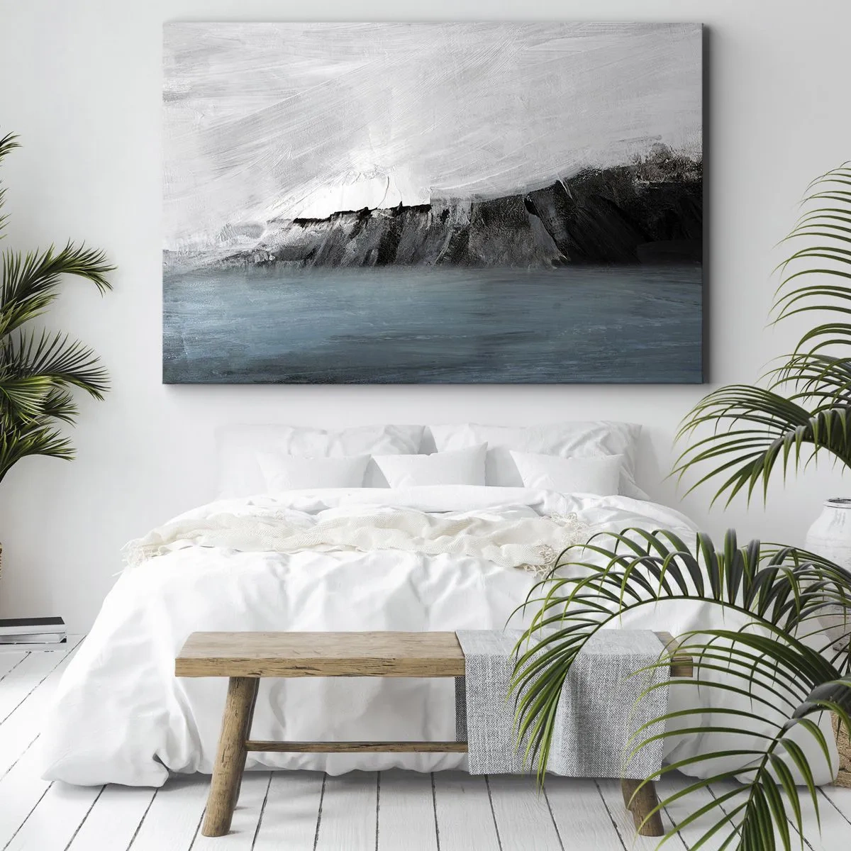 Impression sur toile - Image sur toile - Paysage abstrait avec de l'eau et un rivage rocheux - 120x80cm - Eau – terre : choc des éléments - Décoration murale moderne pour le salon et la chambre ARTTOR