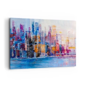 Impression sur toile - Image sur toile - Un panorama coloré de la ville avec des reflets sur l'eau - 120x80cm - Une métropole joyeuse - Décoration murale moderne pour le salon et la chambre ARTTOR