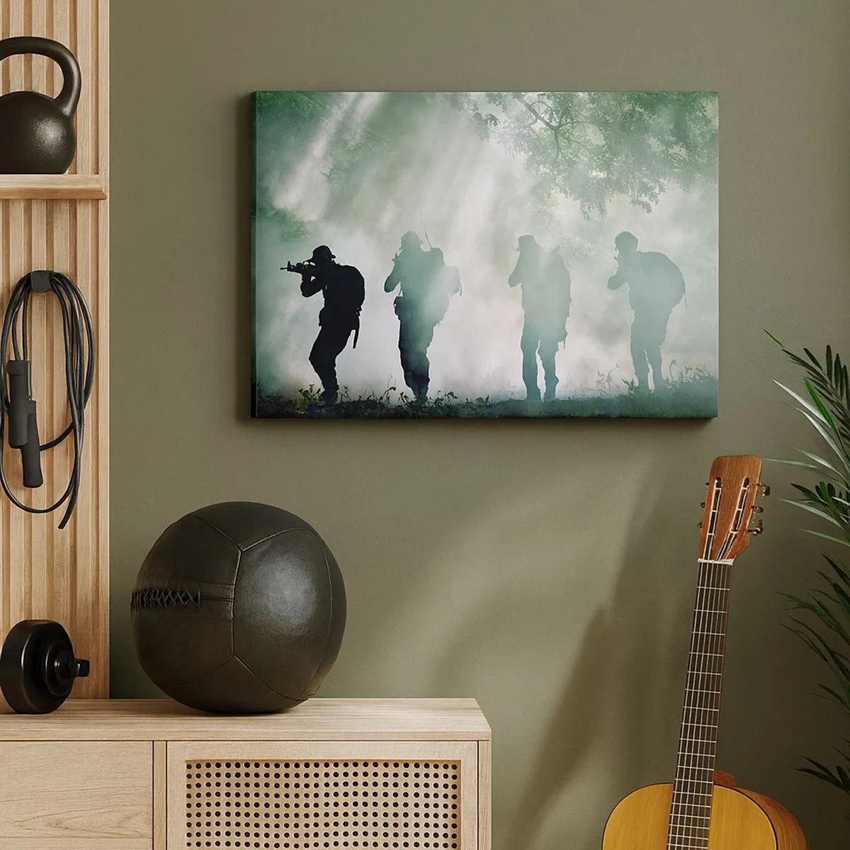 Impression sur toile - Image sur toile - Silhouettes de soldats dans une forêt entourée de brouillard - 70x50cm - Un pour tous… - Décoration murale moderne pour le salon et la chambre ARTTOR