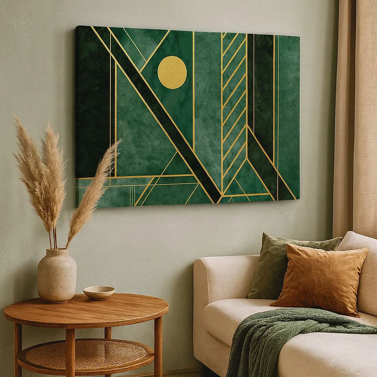 Impression sur toile - Image sur toile - Design géométrique vert et or avec un motif élégant - 70x50cm - Dynamique or et azur - Décoration murale moderne pour le salon et la chambre ARTTOR