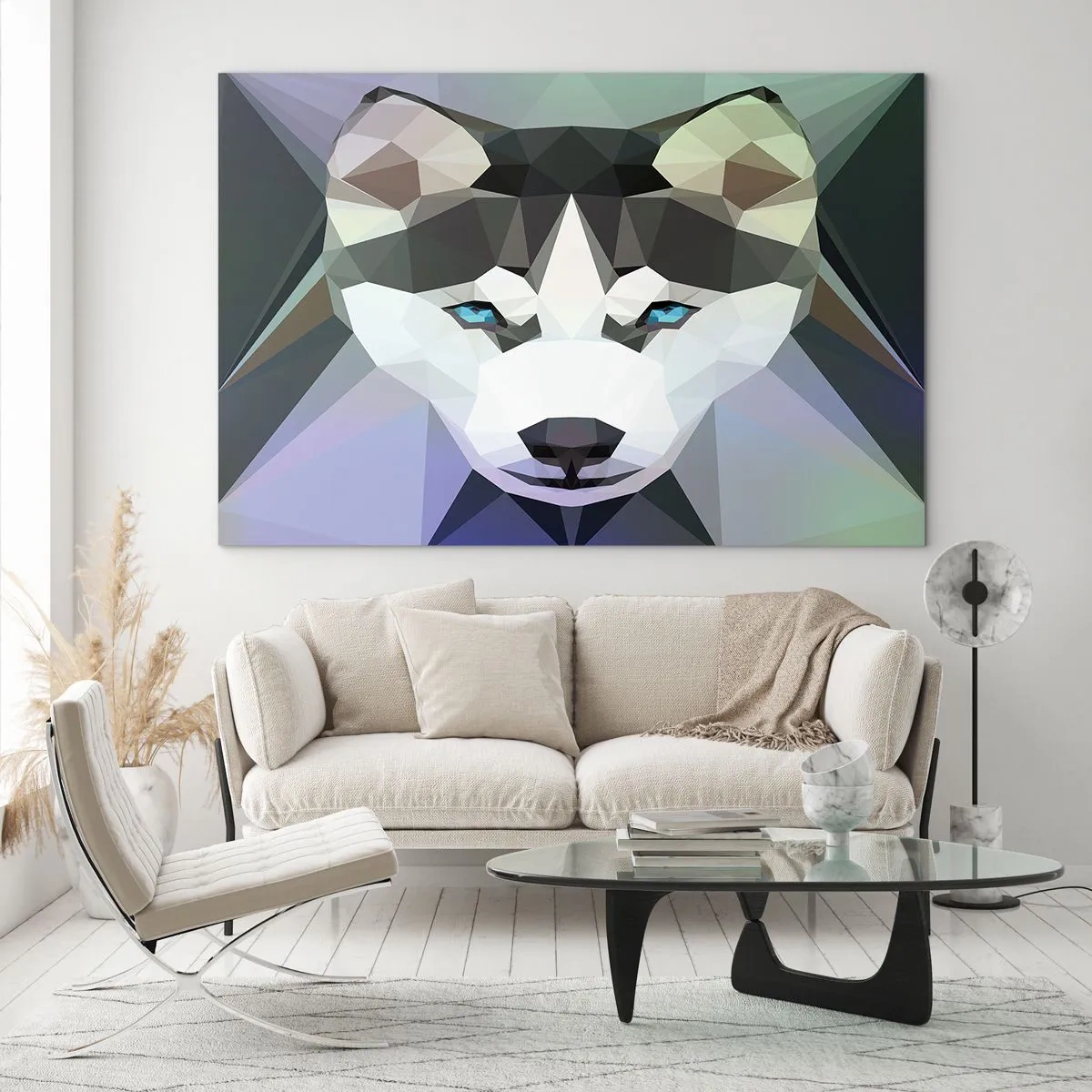 Impression sur verre - Image sur verre - Géométrie du loup dans un style moderne - 70x50cm - La mémoire des neiges du nord - Décoration murale moderne pour le salon et la chambre ARTTOR