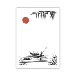Affiche - Poster - Une peinture minimaliste d'un pêcheur dans un bateau avec un soleil rouge. - 50x70cm - Après-midi asiatique - Décoration murale moderne pour le salon et la chambre ARTTOR