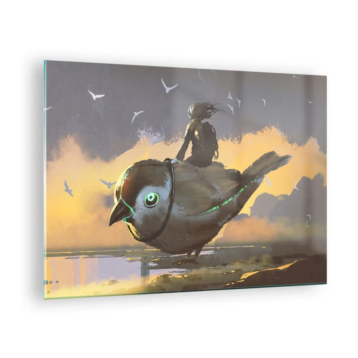 Impression sur verre - Image sur verre - Une figure sur un oiseau géant à la lumière du soleil couchant - 70x50cm - Un arrêt sur un voyage fantastique - Décoration murale moderne pour le salon et la chambre ARTTOR